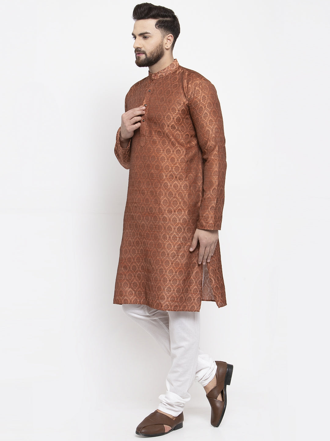 Jompers Men Brown & Grey Jacquard Kurta with Churidar