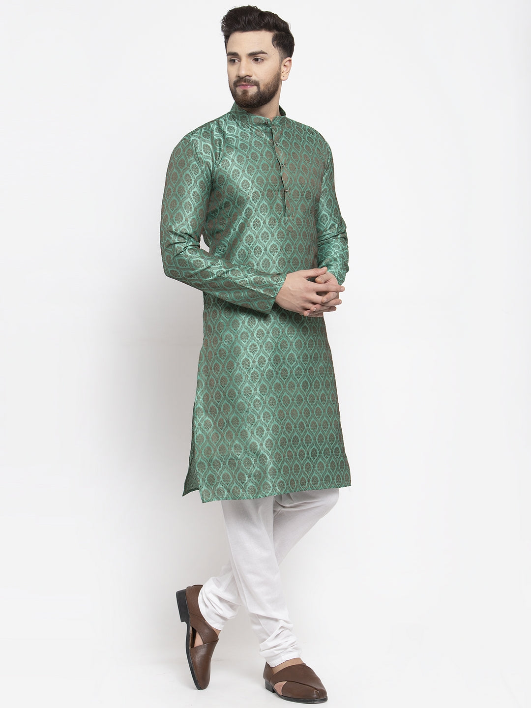 Jompers Men Green & Grey Jacquard Kurta with Churidar