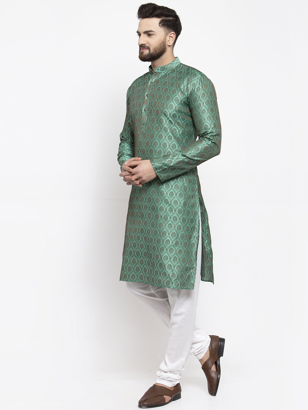 Jompers Men Green & Grey Jacquard Kurta with Churidar