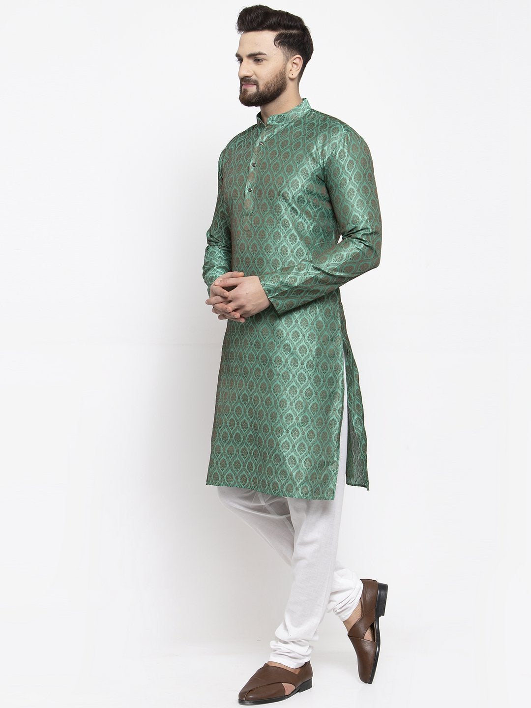Jompers Men Green & Grey Jacquard Kurta Only
