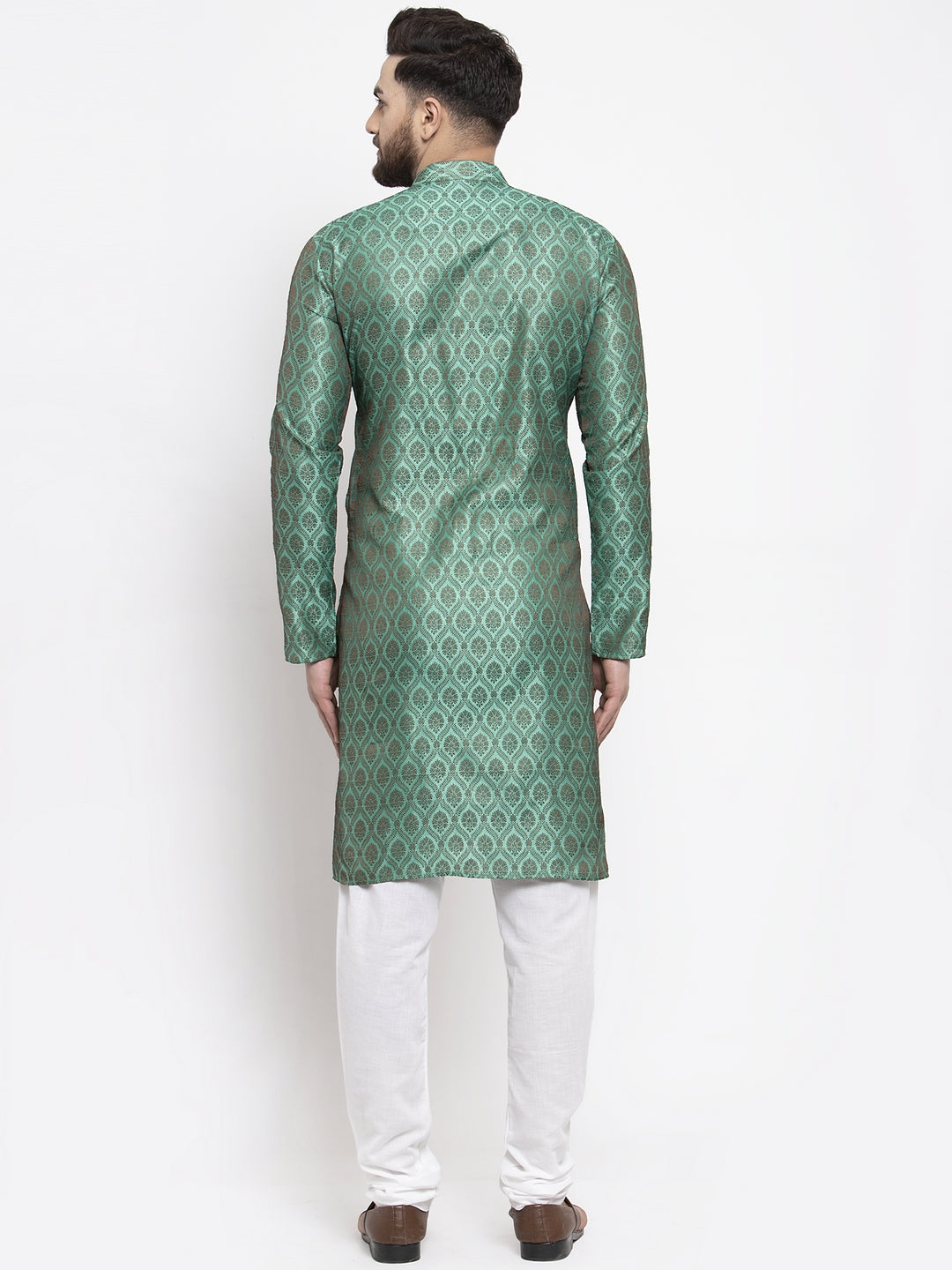 Jompers Men Green & Grey Jacquard Kurta with Churidar
