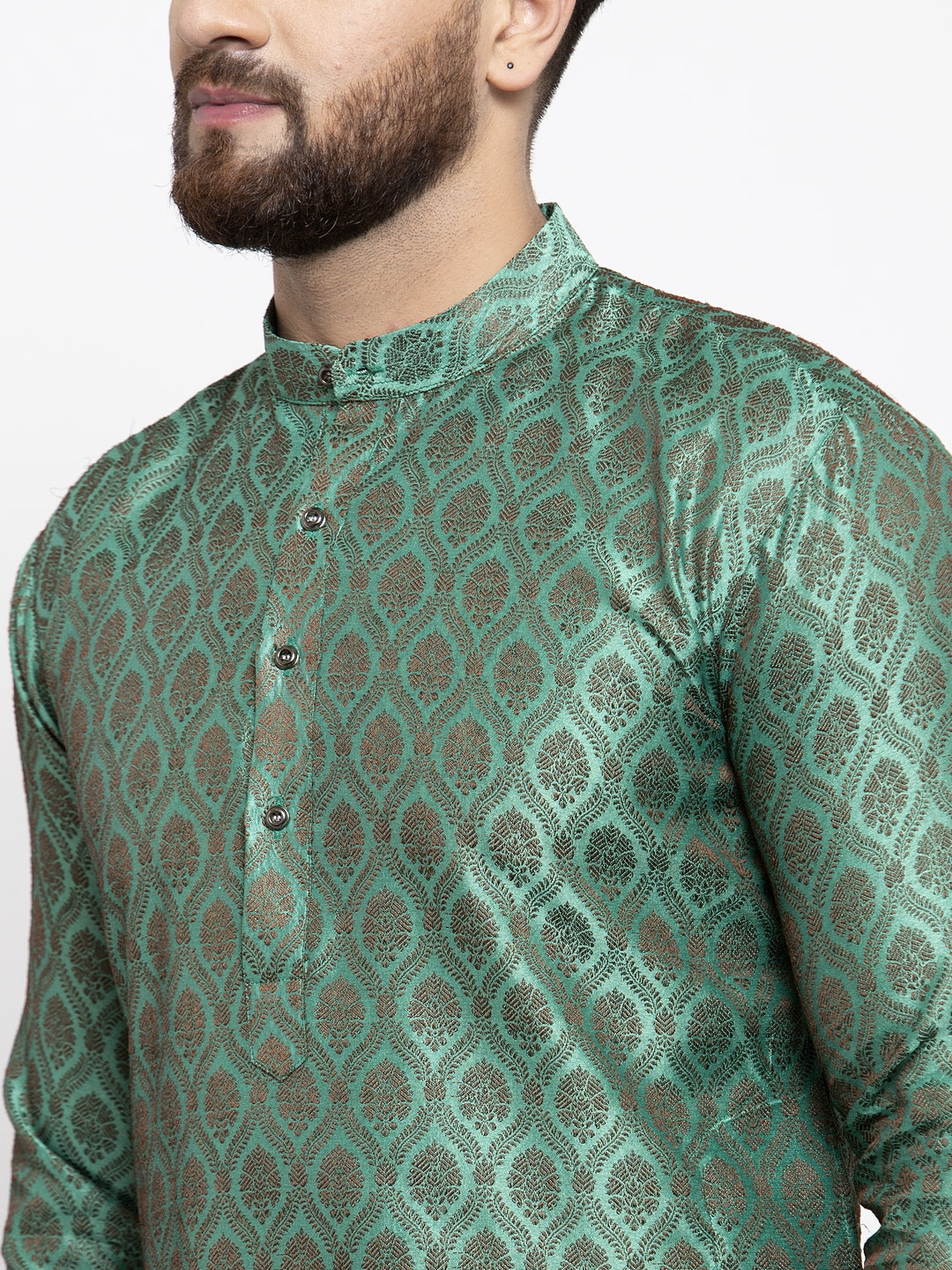 Jompers Men Green & Grey Jacquard Kurta with Churidar