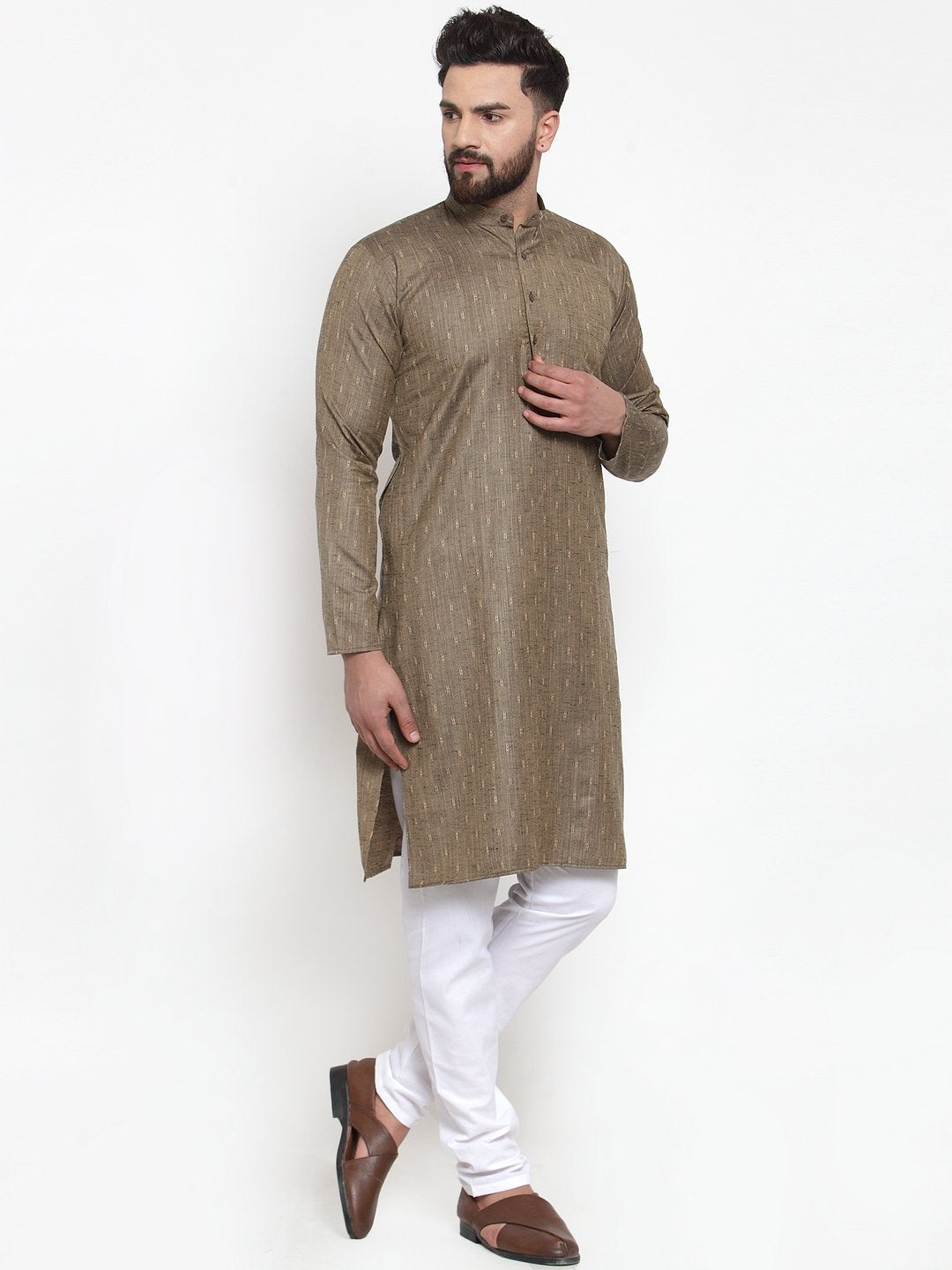 Jompers Men Bronze & White Self Design Kurta with Churidar