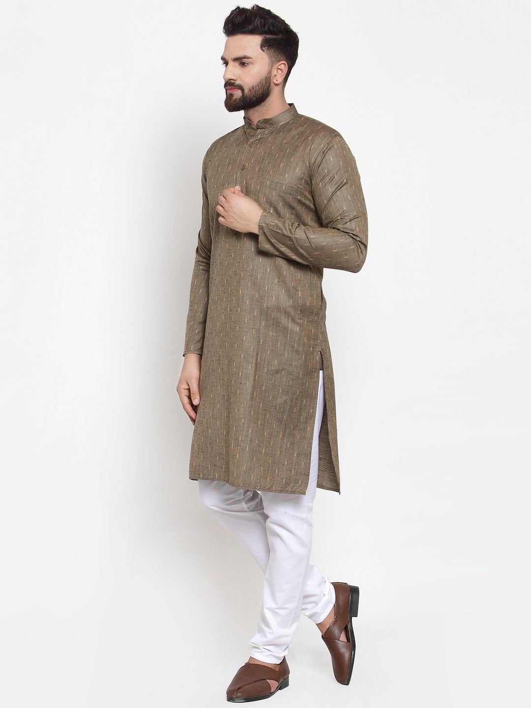 Jompers Men Bronze & White Self Design Kurta Only