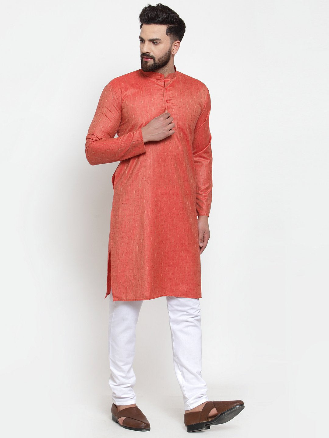 Jompers Men Orange & White Self Design Kurta with Churidar (JOKP 601 Orange)