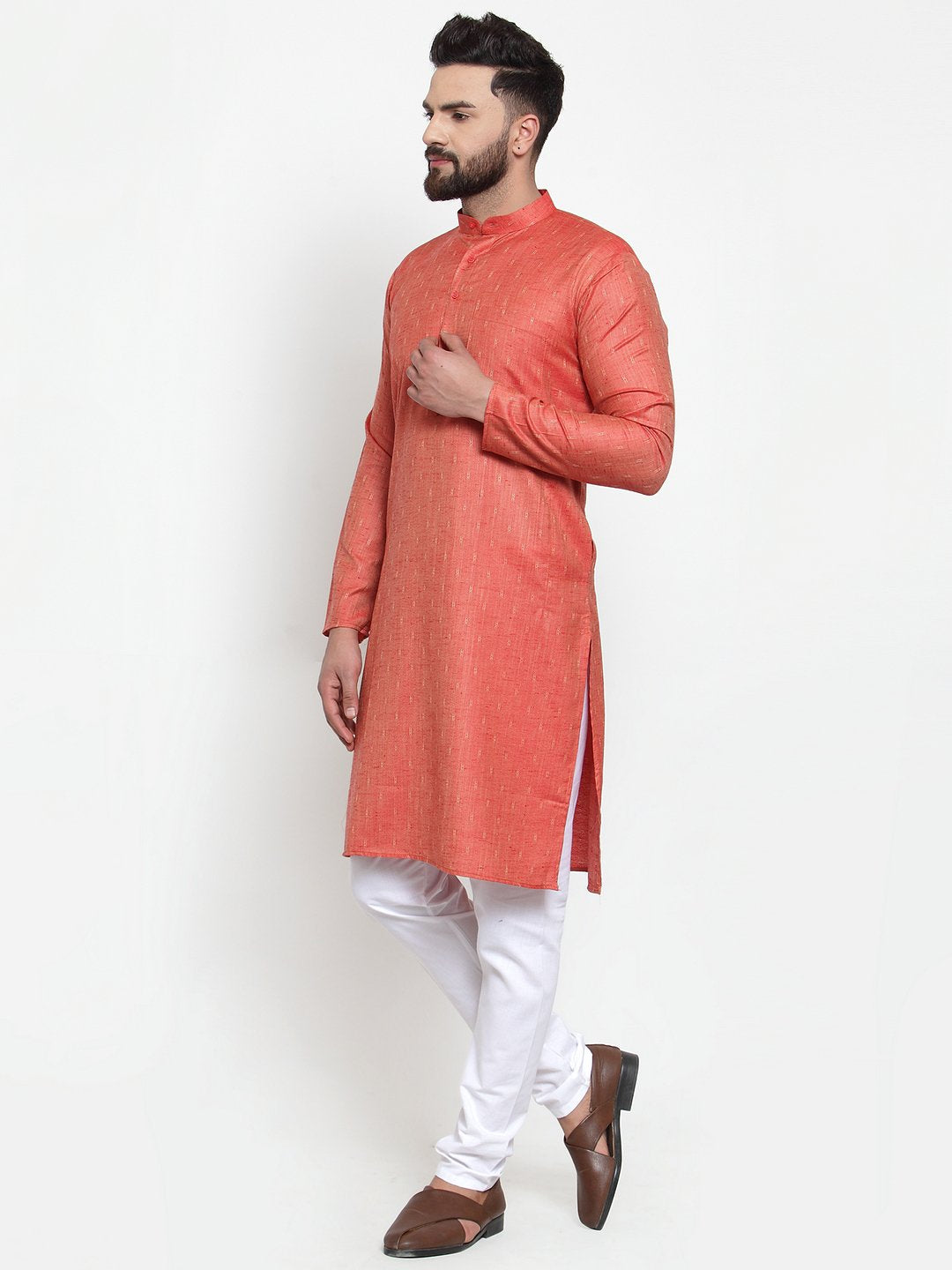 Jompers Men Orange & White Self Design Kurta with Churidar (JOKP 601 Orange)