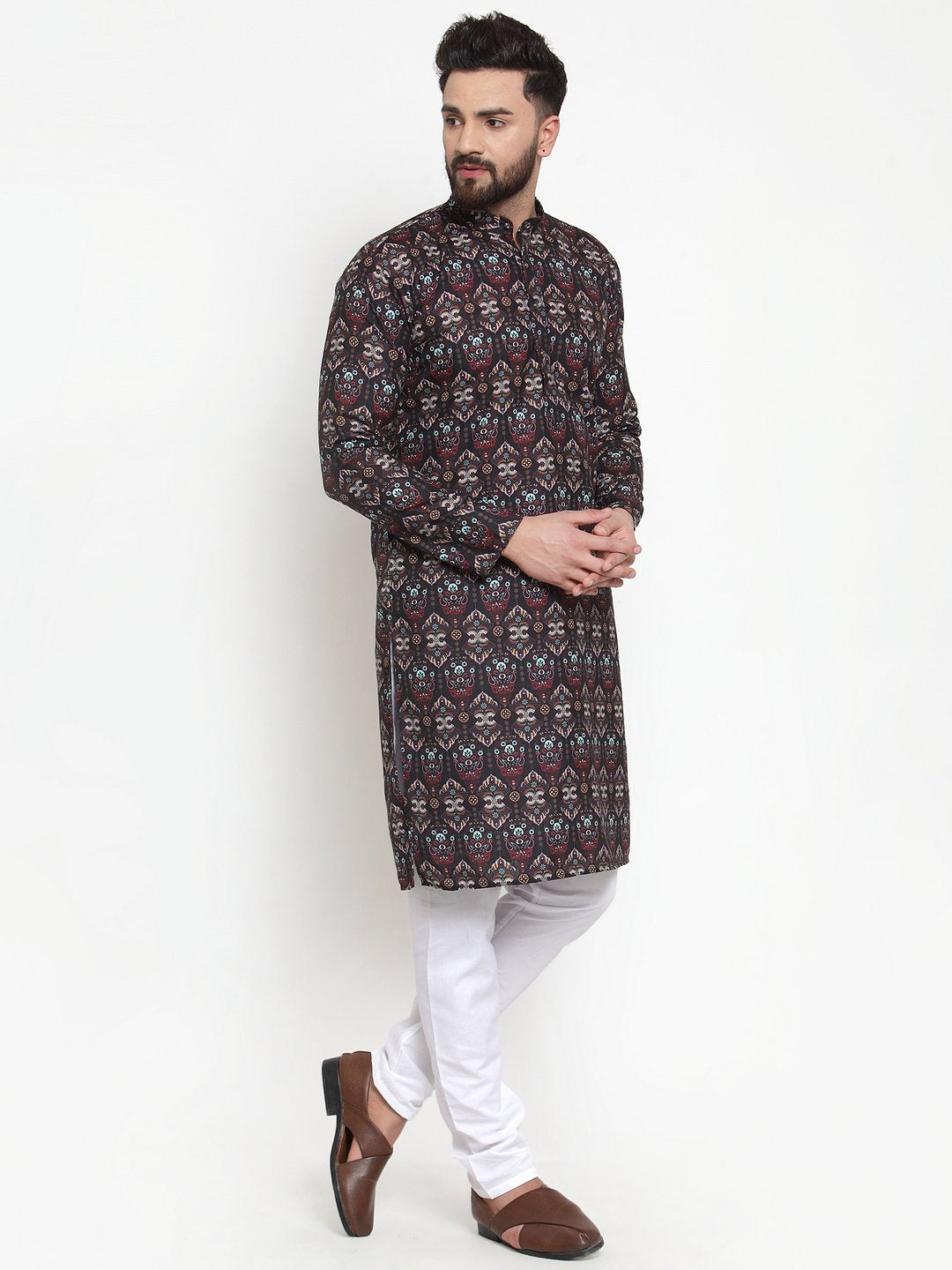 Jompers Men Black & Beige Digital Printed Kurta with Churidar