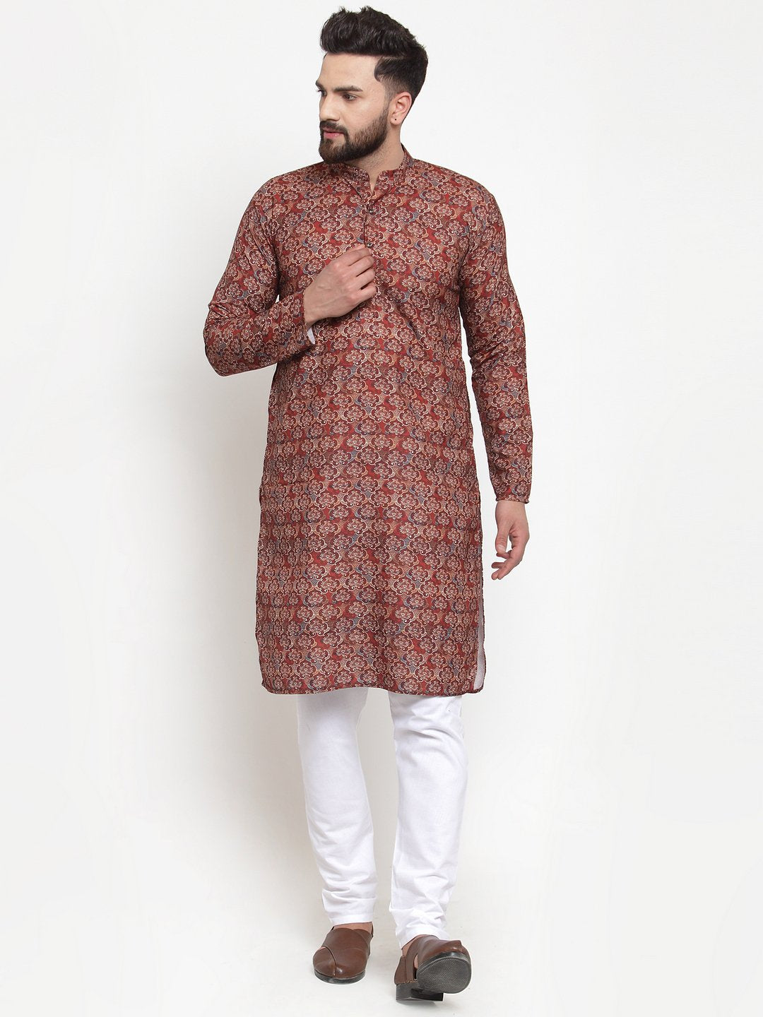 Jompers Men Maroon & Beige Digital Printed Kurta with Churidar