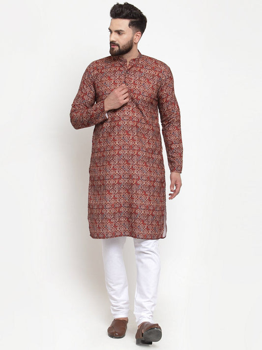 Jompers Men Maroon & Beige Digital Printed Kurta Only