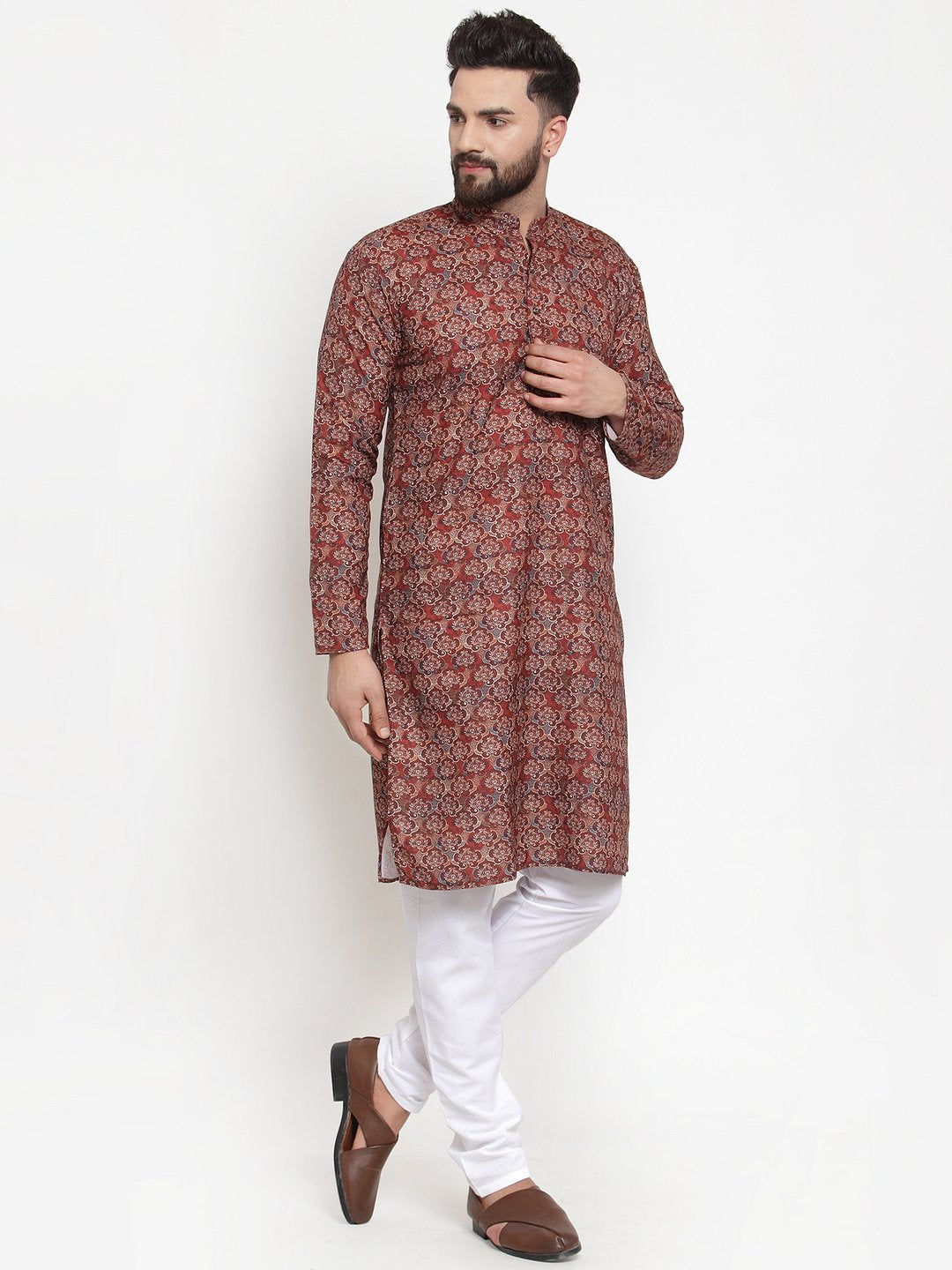 Jompers Men Maroon & Beige Digital Printed Kurta Only