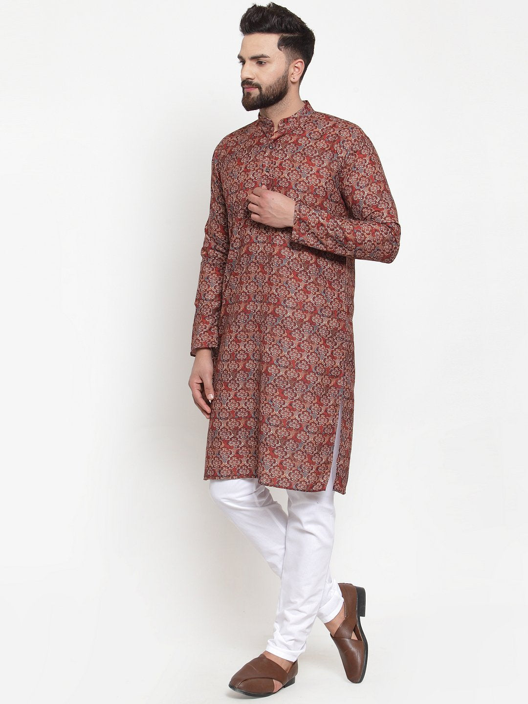 Jompers Men Maroon & Beige Digital Printed Kurta with Churidar