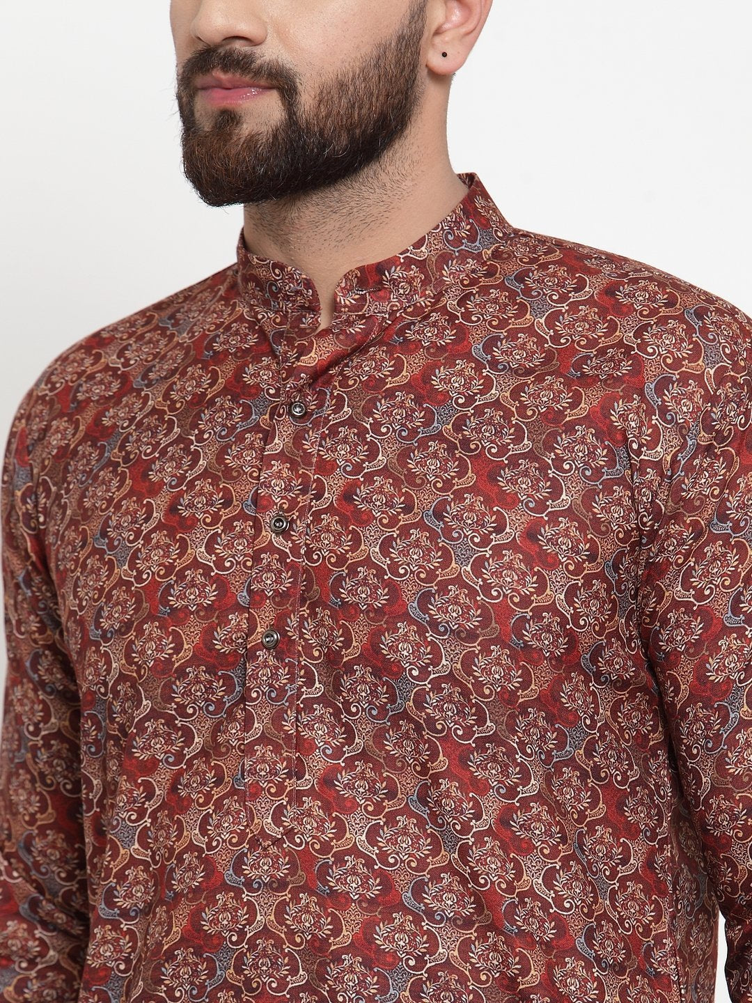 Jompers Men Maroon & Beige Digital Printed Kurta Only