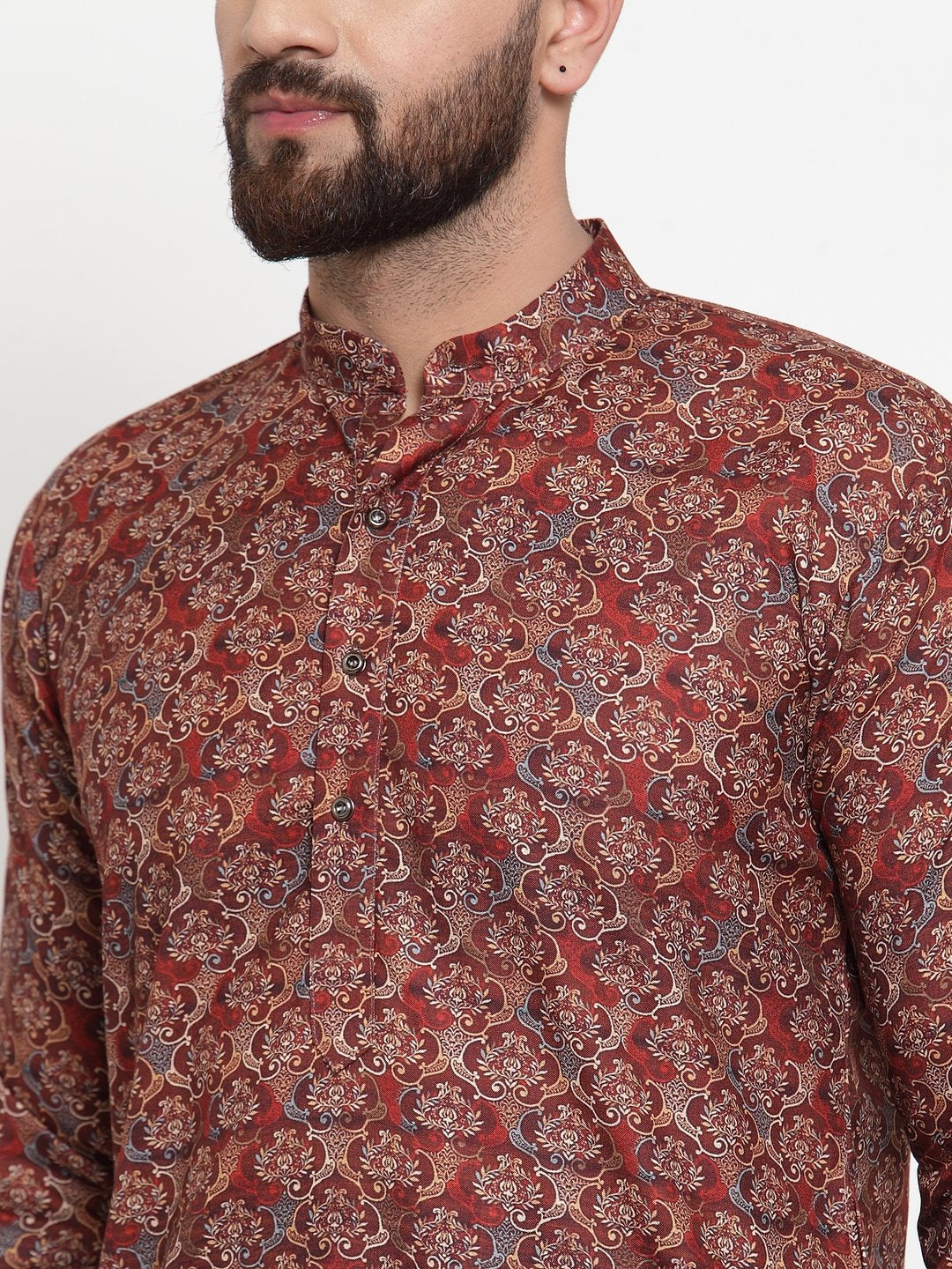 Jompers Men Maroon & Beige Digital Printed Kurta with Churidar