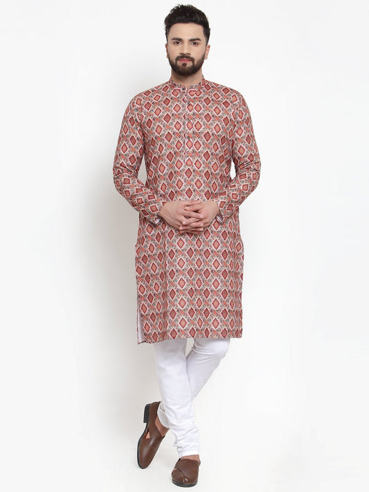 Jompers Men Peach & Beige Digital Printed Kurta with Churidar