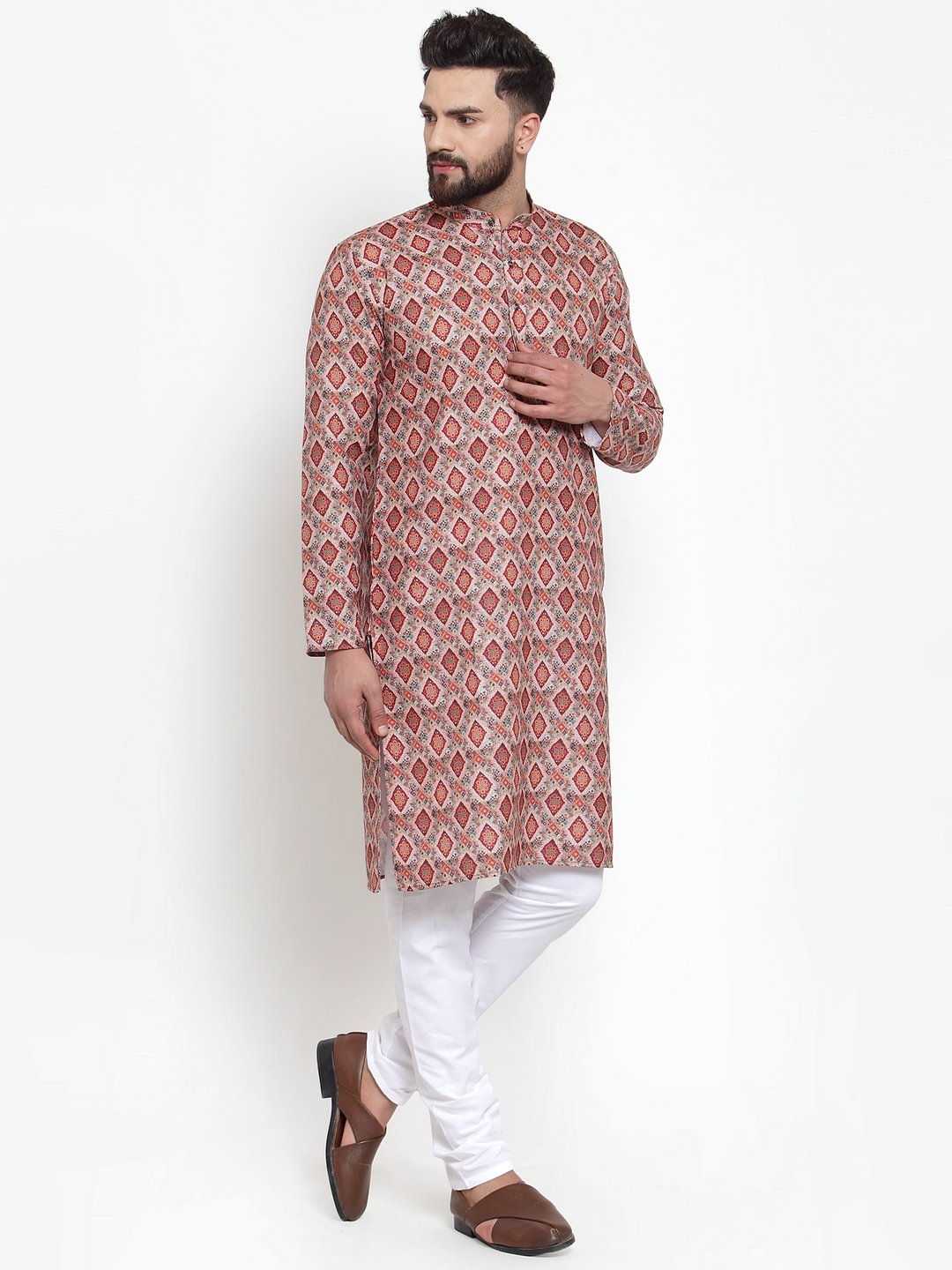 Jompers Men Peach & Beige Digital Printed Kurta with Churidar