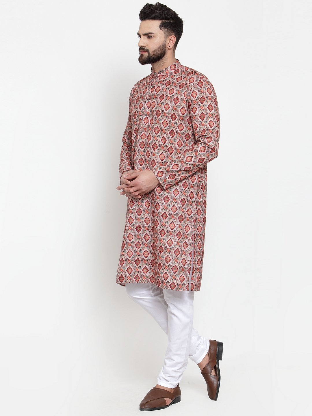 Jompers Men Peach & Beige Digital Printed Kurta with Churidar