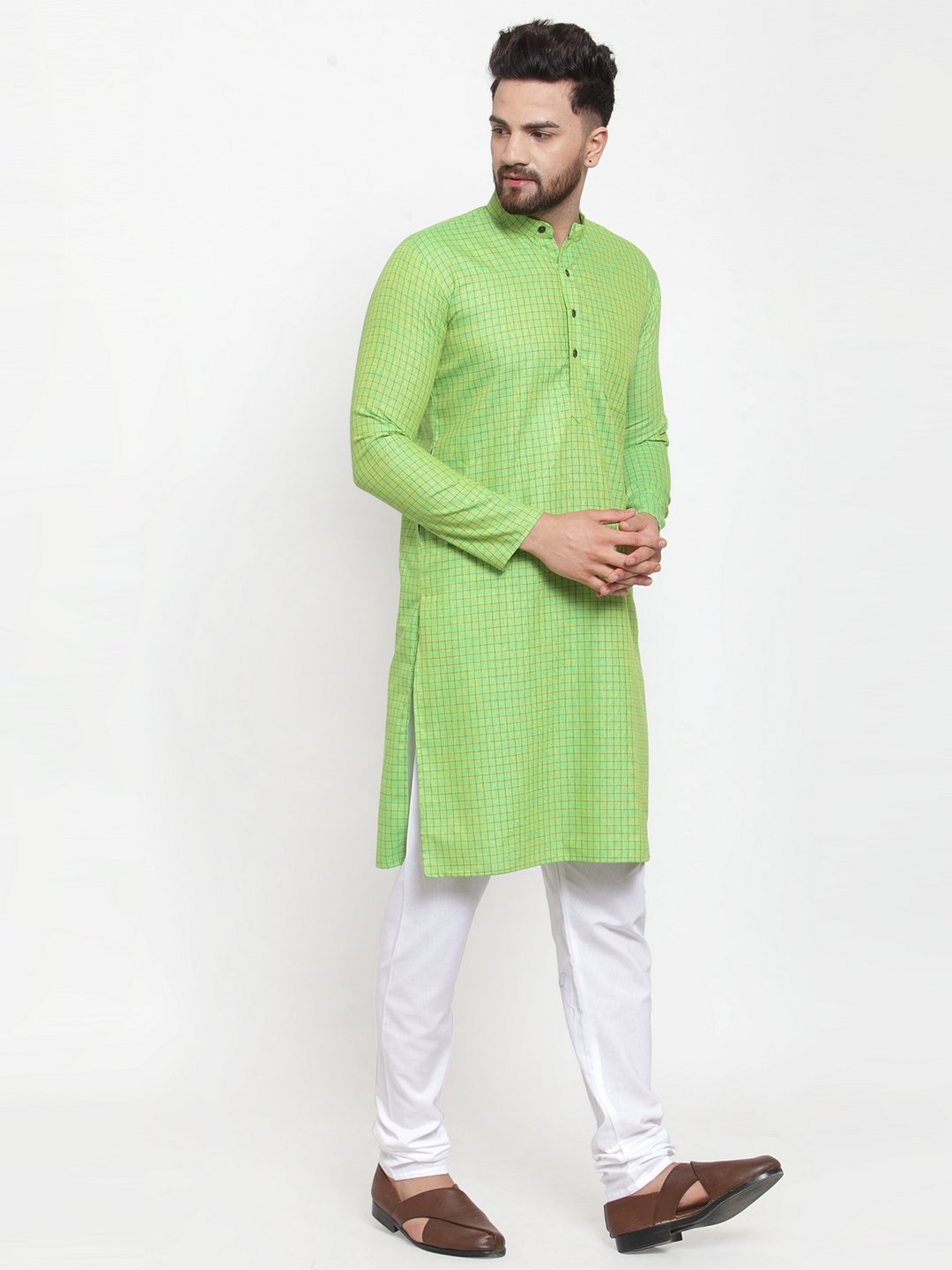 Jompers Men Green Checked Self Design Kurta with White Churidar