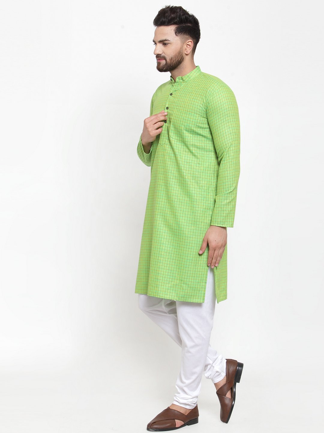 Jompers Men Green Checked Self Design Kurta with White Churidar