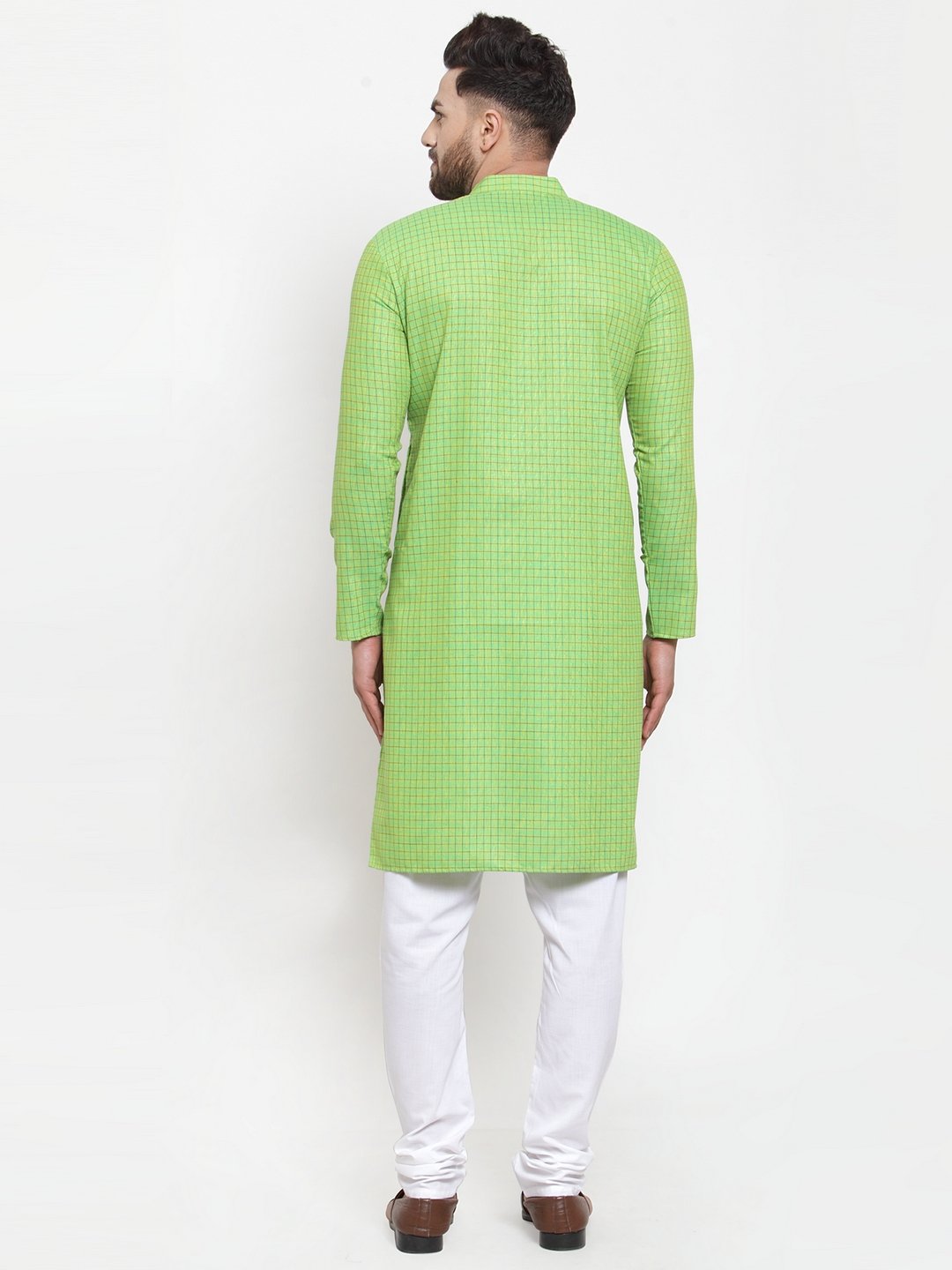 Jompers Men Green Checked Self Design Kurta with White Churidar