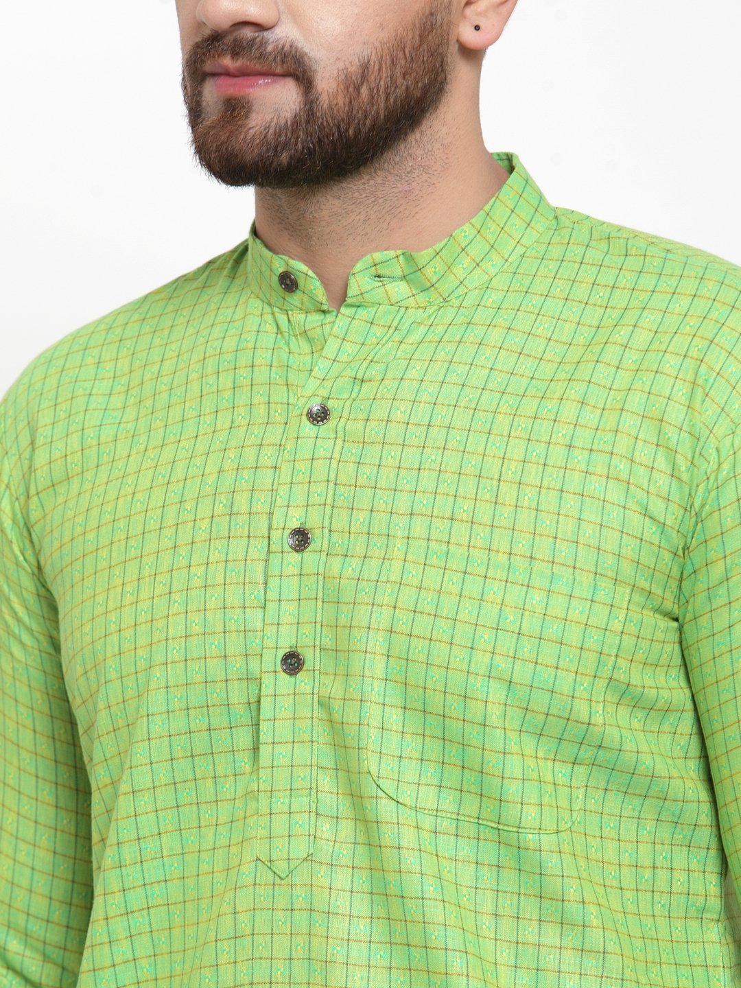 Jompers Men Green Checked Self Design Kurta with White Churidar