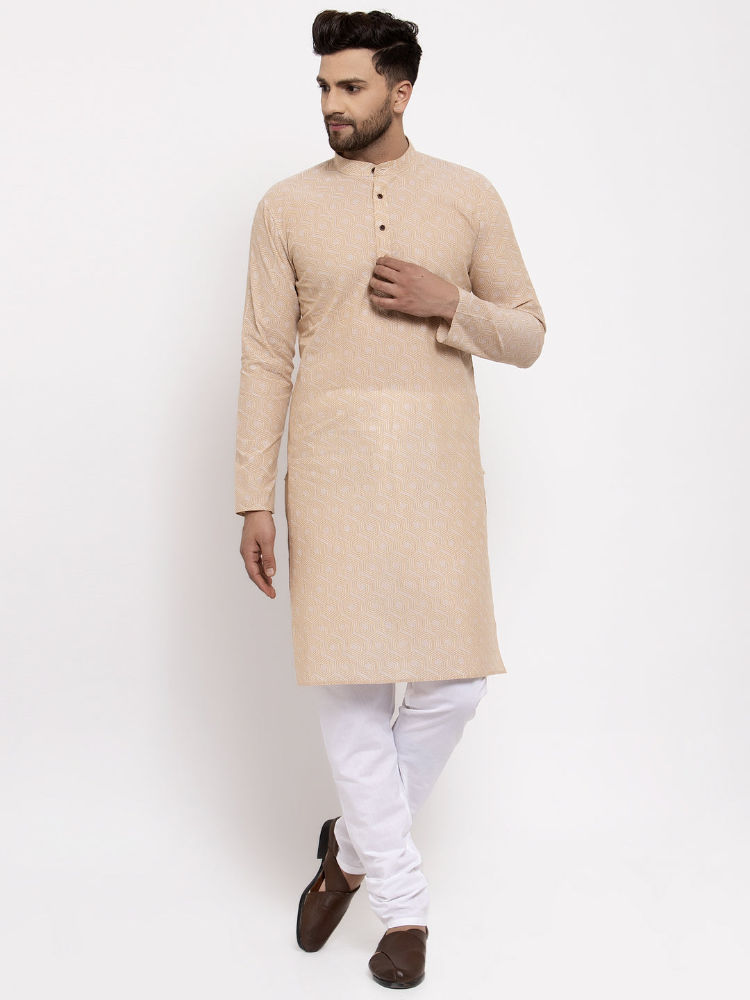 Jompers Men's Beige Cotton Printed Kurta Only
