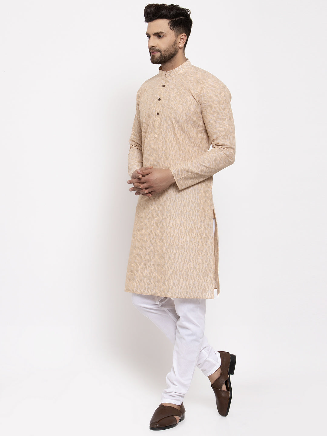 Jompers Men's Beige Cotton Printed Kurta Only
