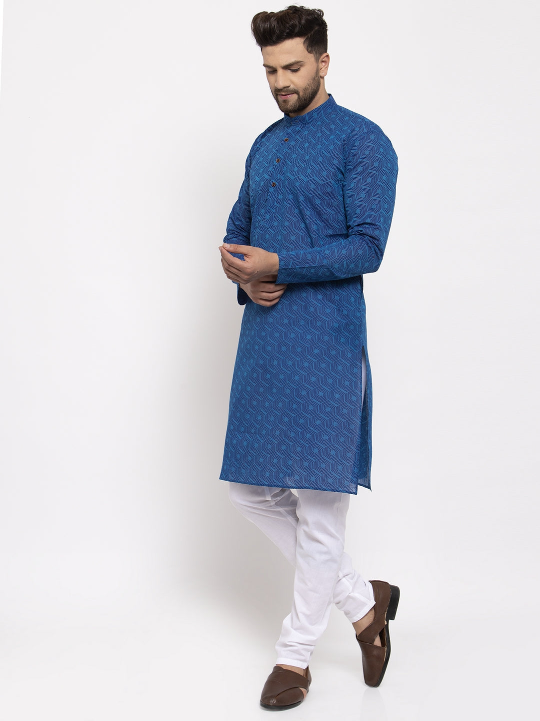 Jompers Men's Beautiful Blue Cotton Printed Kurta Only