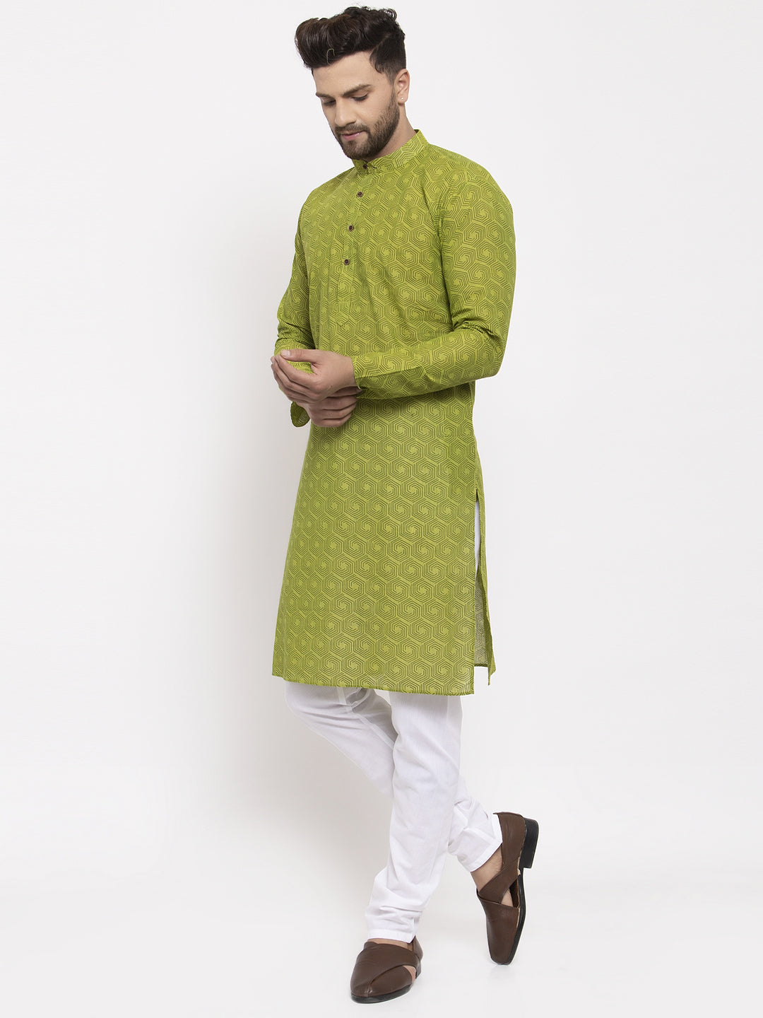 Jompers Men's Beautiful Green Cotton Printed Kurta Only