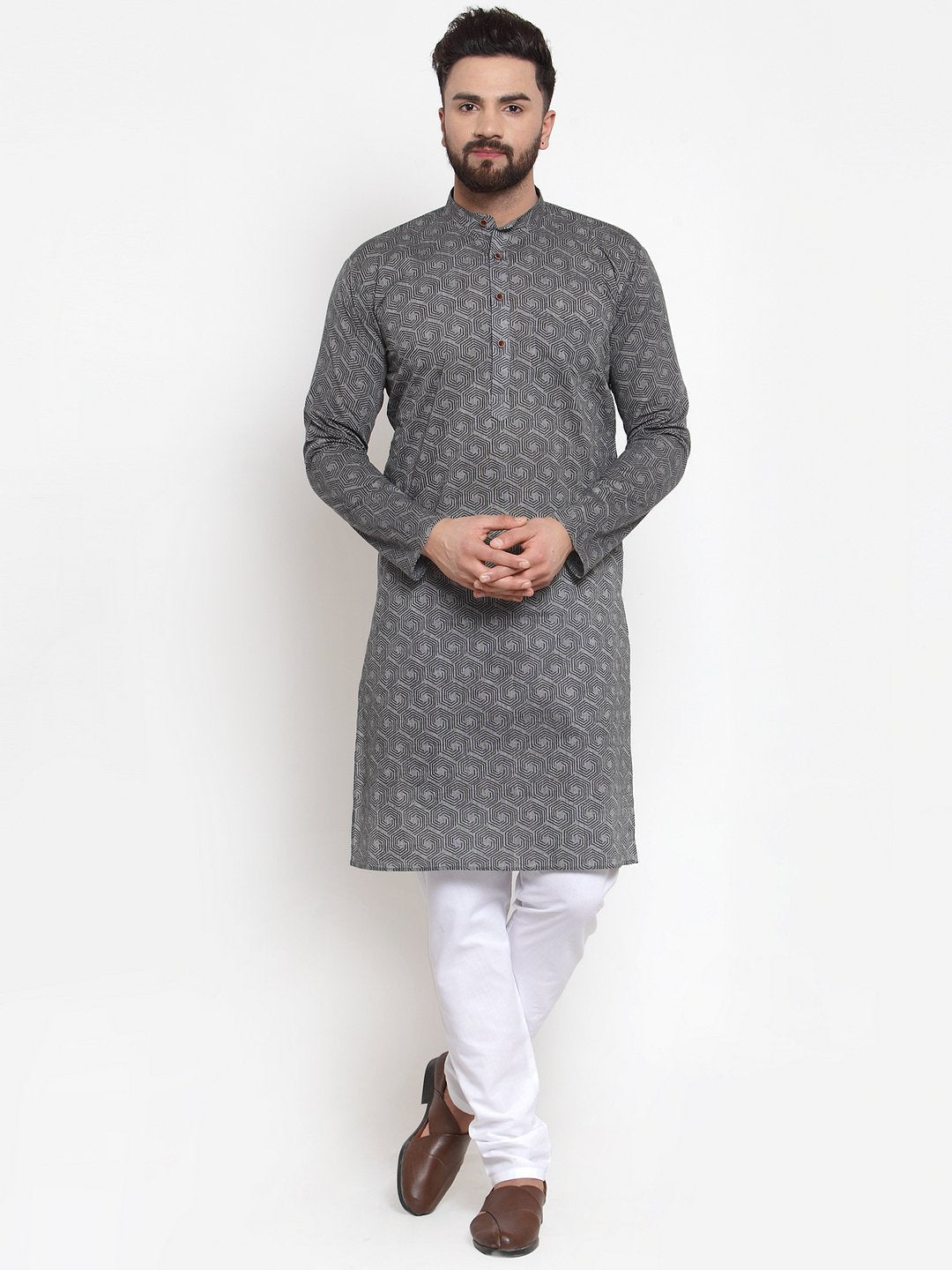 Jompers Men Grey Printed Kurta with White Churidar