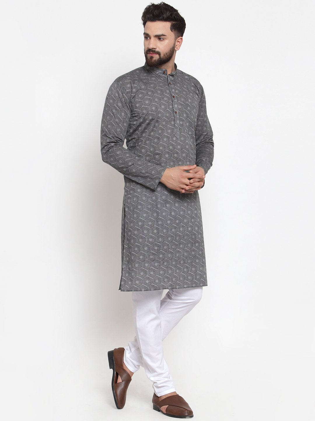 Jompers Men Grey Printed Kurta with White Churidar