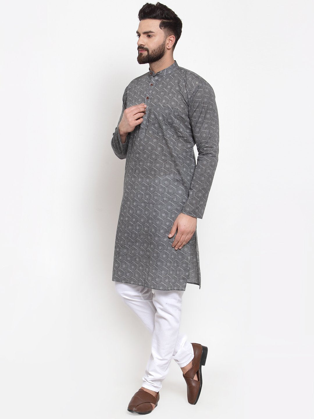 Jompers Men Grey Printed Kurta with White Churidar