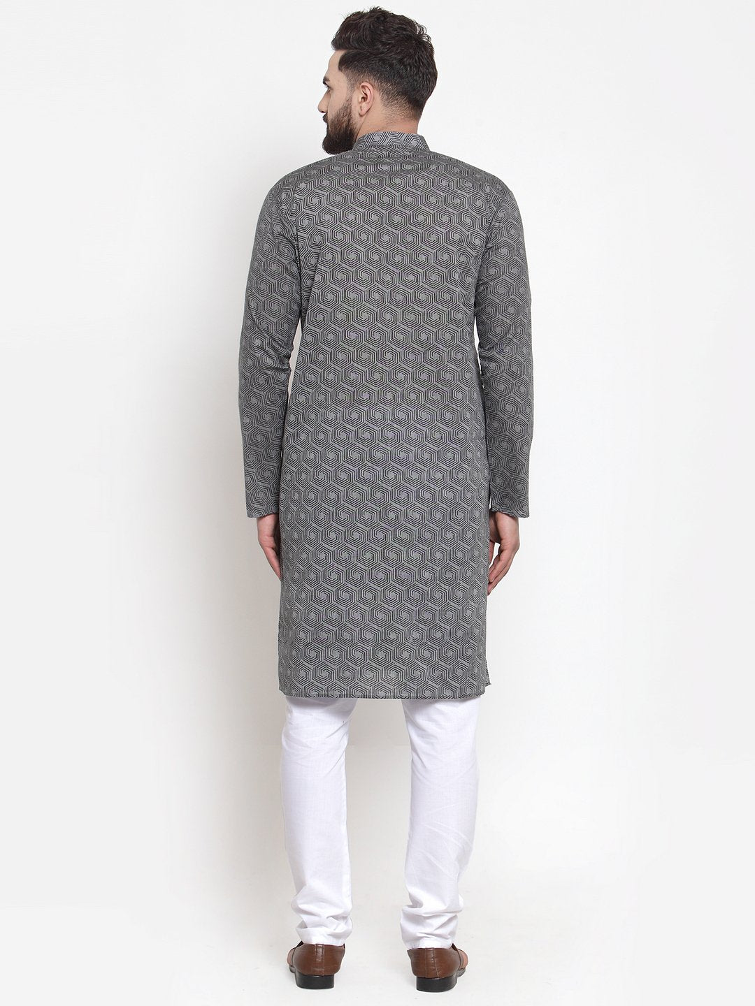 Jompers Men Grey Printed Kurta with White Churidar