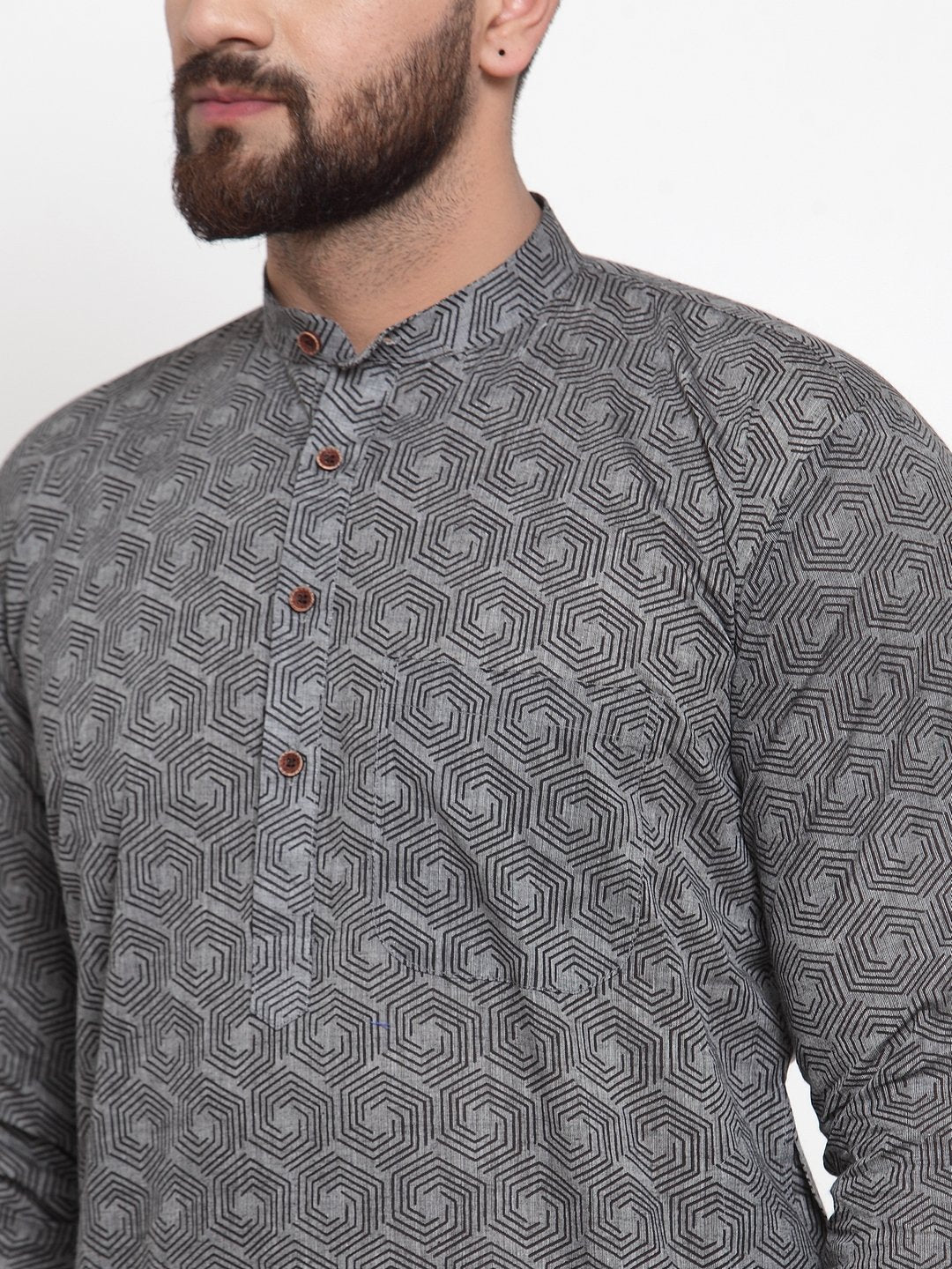 Jompers Men Grey Printed Kurta with White Churidar