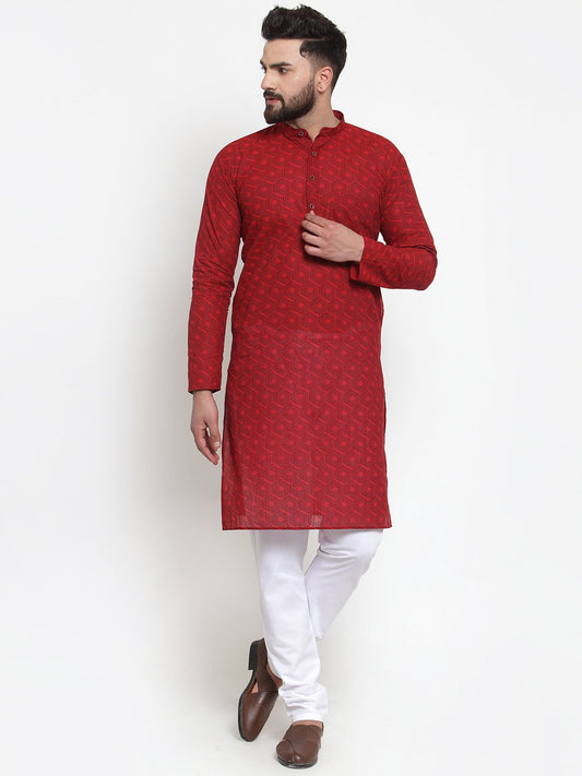 Jompers Men Red Printed Kurta with White Churidar