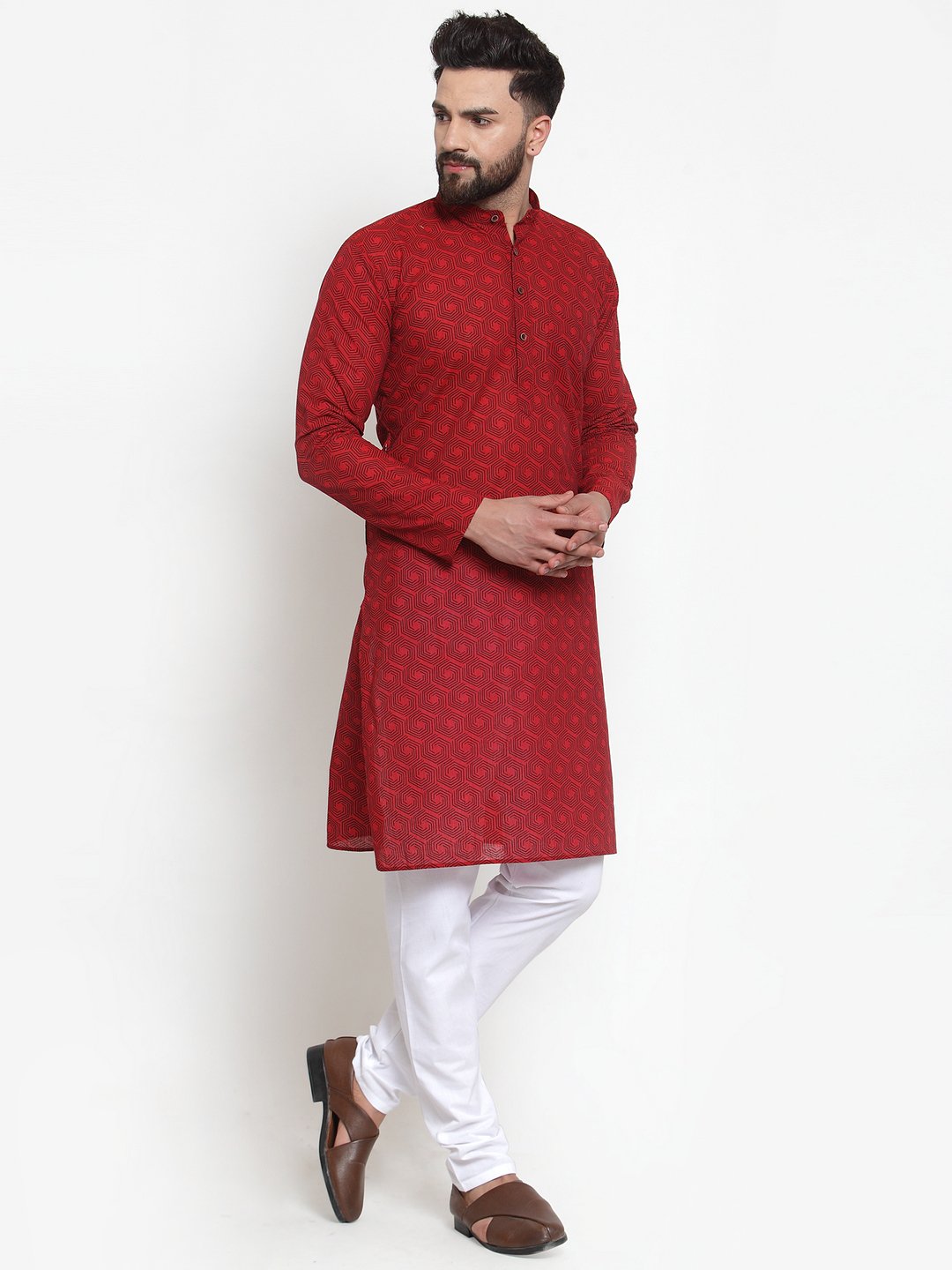 Jompers Men Red Printed Kurta with White Churidar