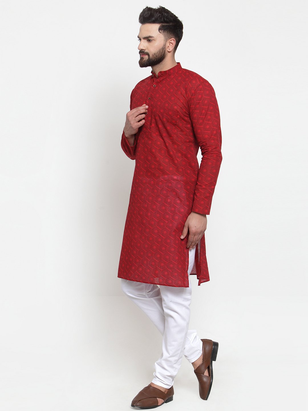 Jompers Men Red Printed Kurta with White Churidar