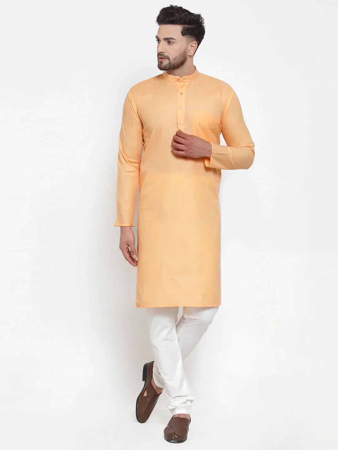 Jompers Men's Orange Cotton Solid Kurta Payjama Sets