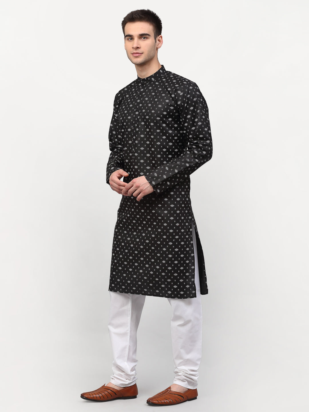 Jompers Men's Black Printed Cotton Kurta Only