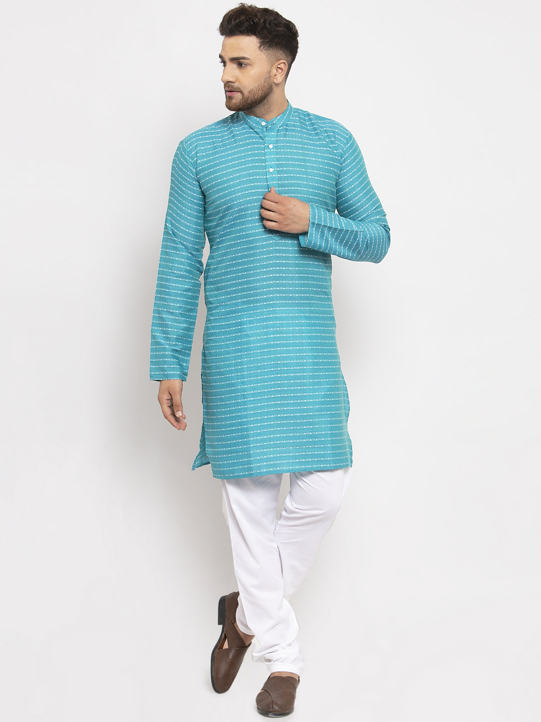 Jompers Men's Blue Printed Blue Kurta Only