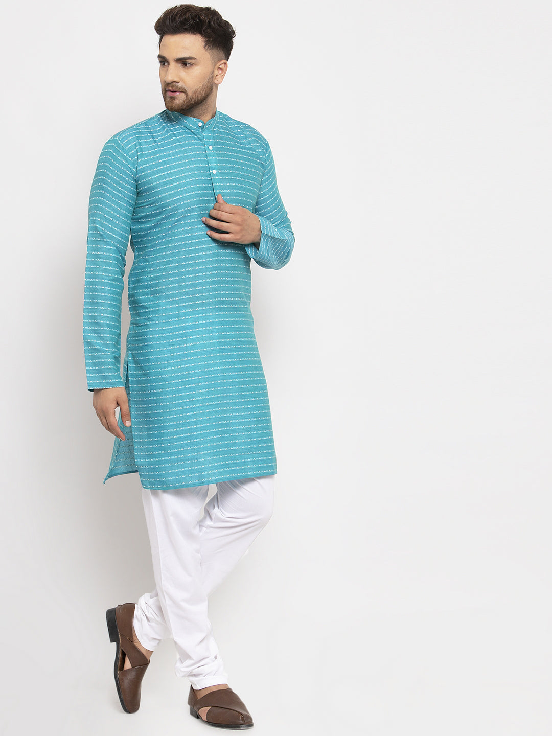 Jompers Men's Blue Printed Blue Kurta Only