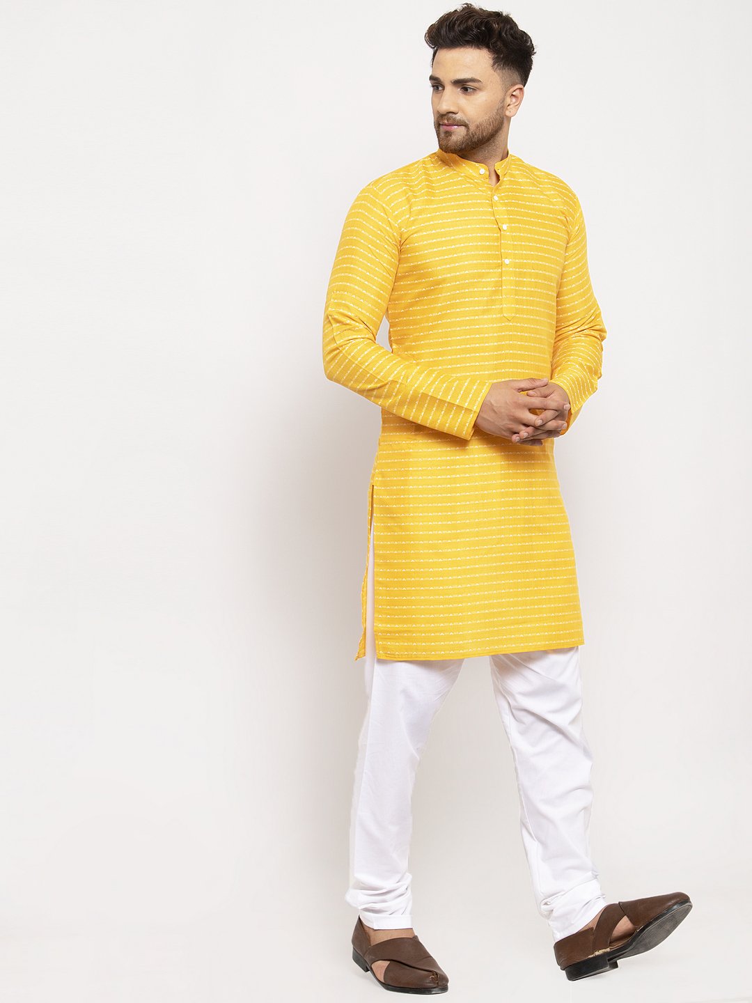 Jompers Men Yellow Woven Design Straight Kurta Only