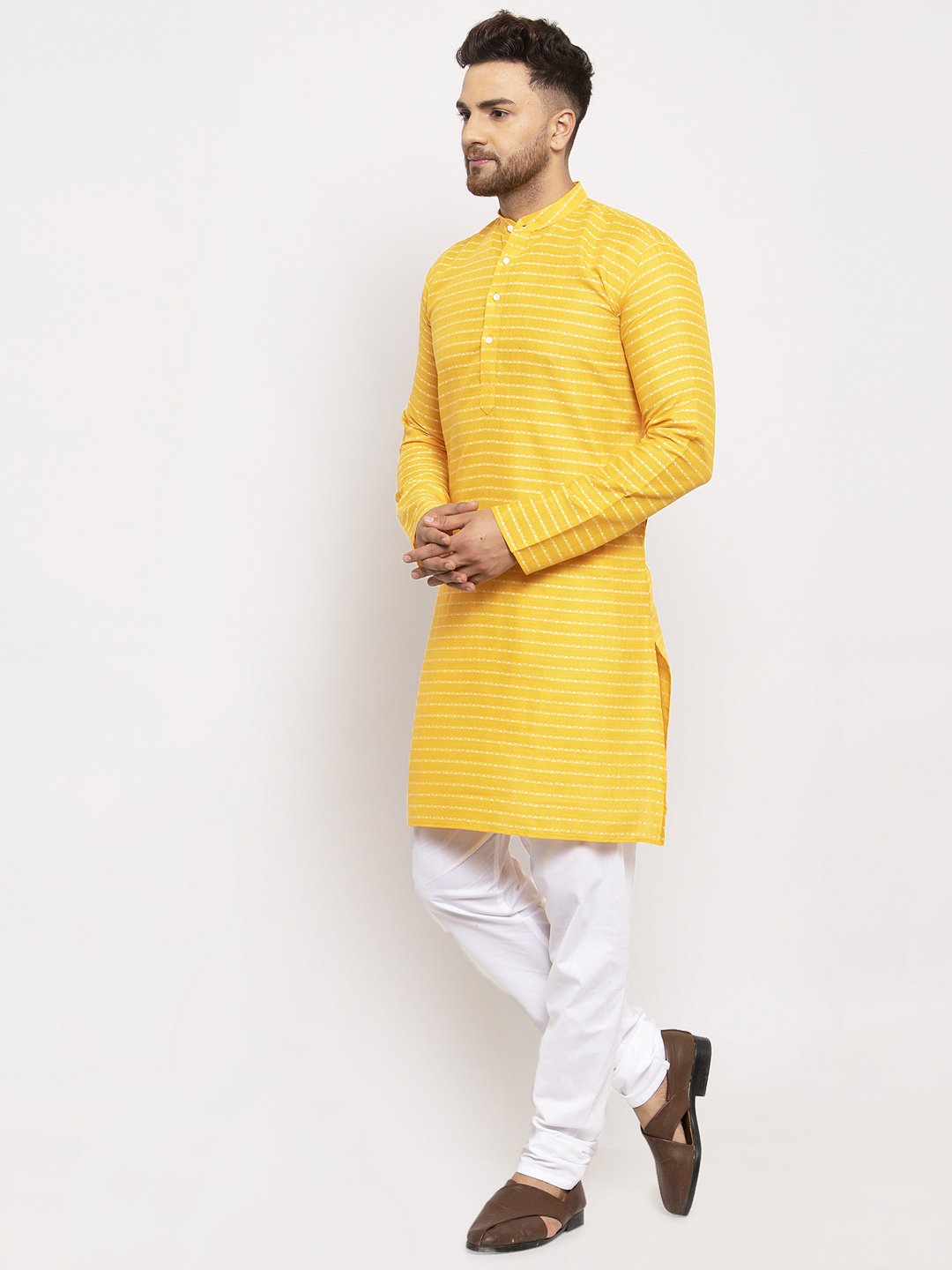 Jompers Men Yellow Woven Design Straight Kurta Only