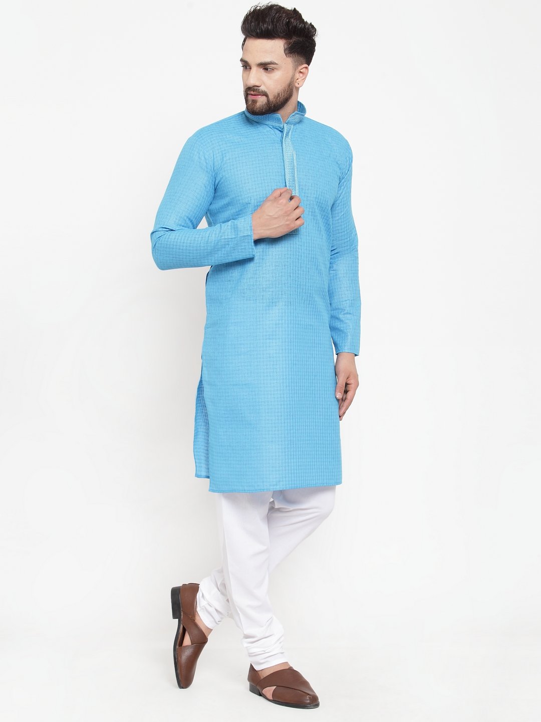 Jompers Men's Blue & White Embroidered Kurta with Chudidar