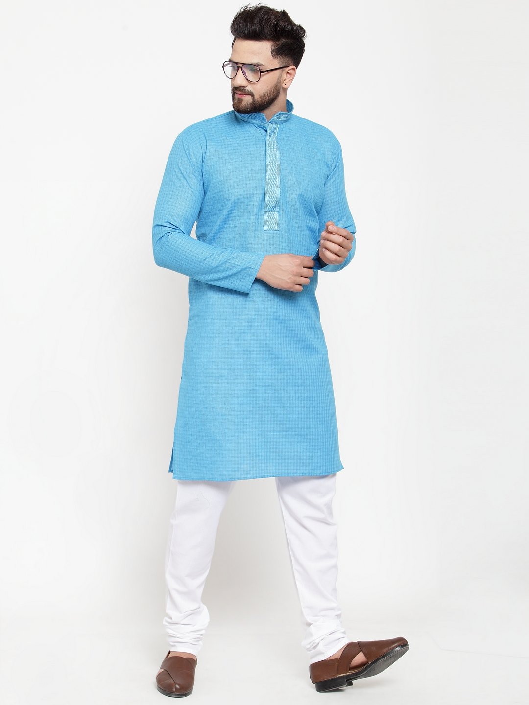 Jompers Men's Blue & White Embroidered Kurta with Chudidar