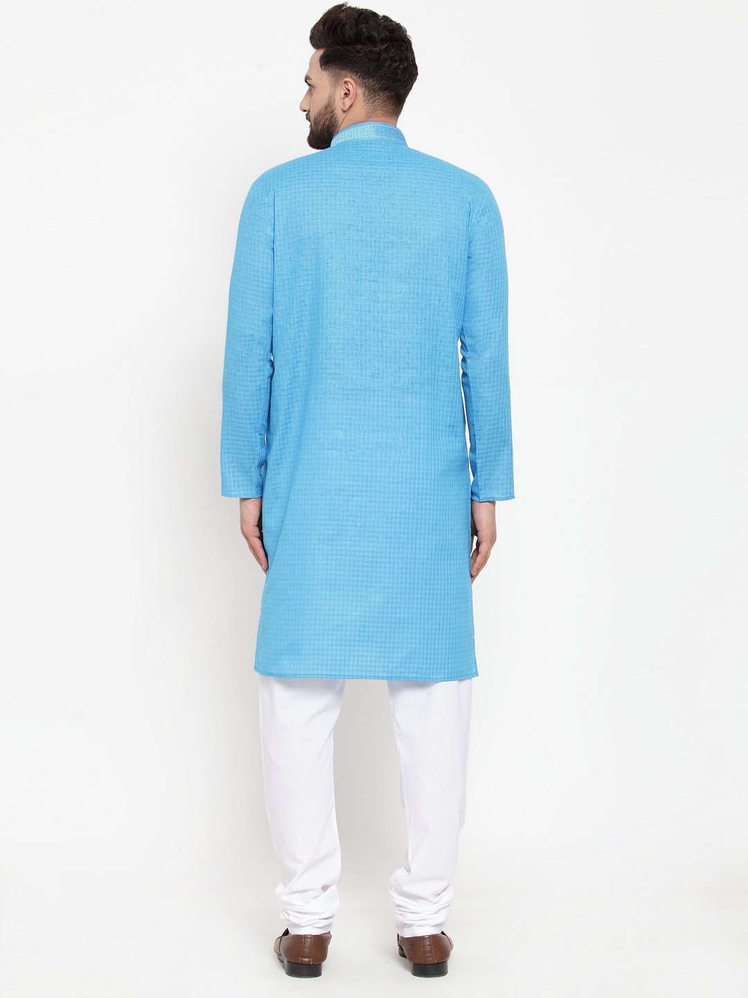 Jompers Men Blue & White Embroidered Kurta Only