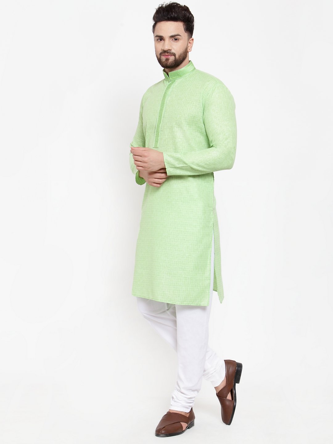 Jompers Men Green & White Embroidered Kurta with Churidar