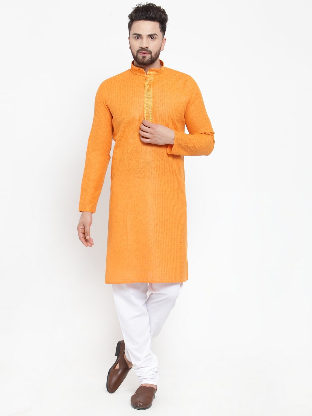 Jompers Men Orange & White Embroidered Kurta Only