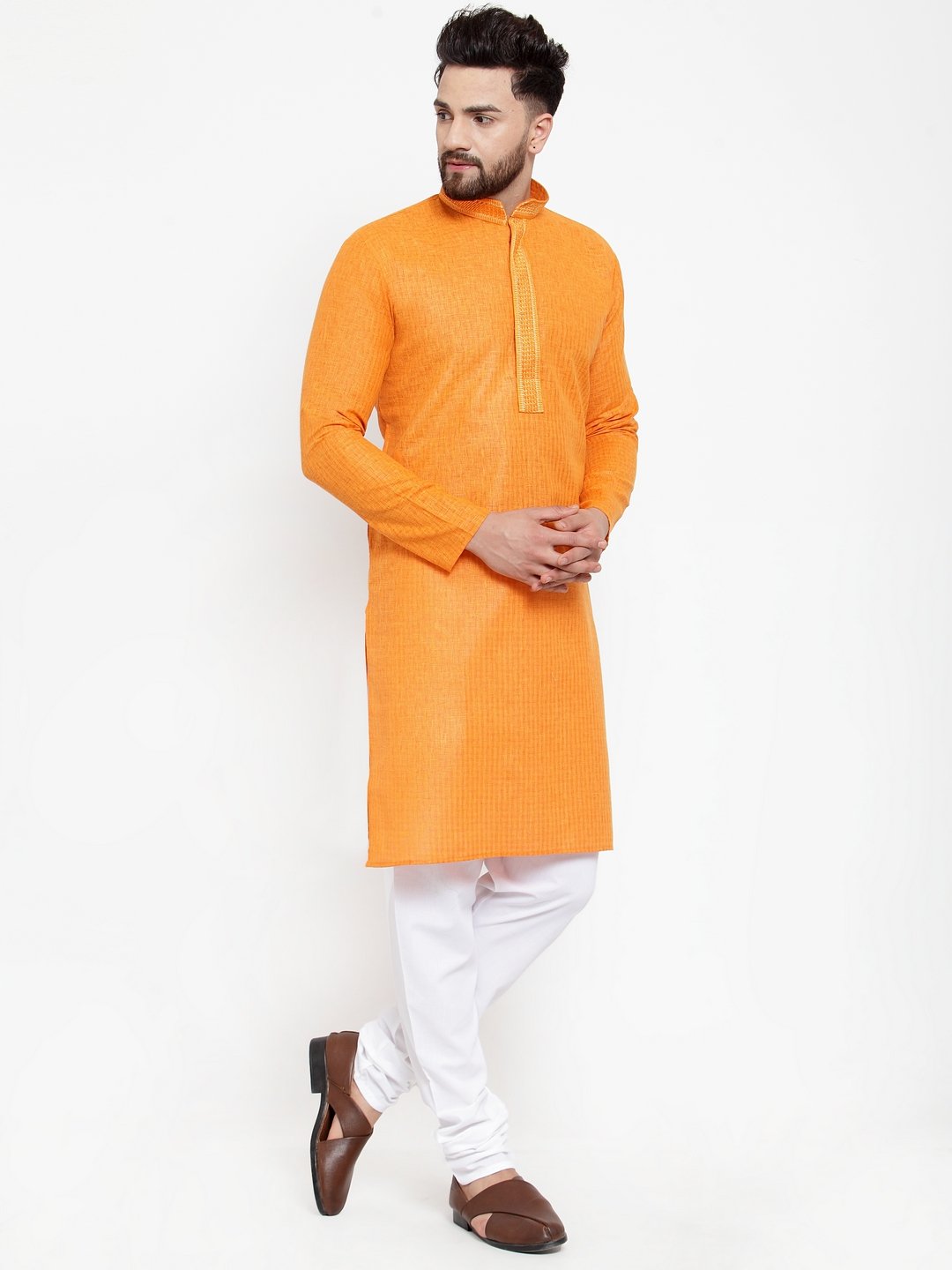 Jompers Men Orange & White Embroidered Kurta with Churidar