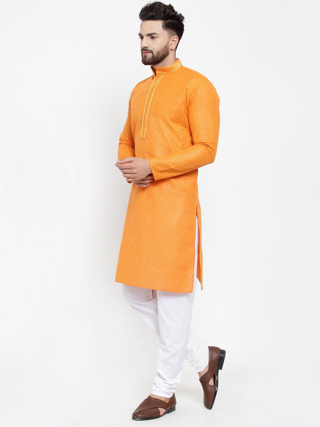 Jompers Men Orange & White Embroidered Kurta Only