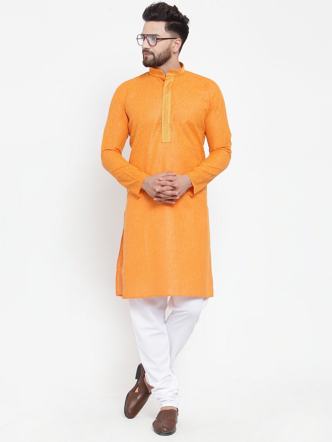 Jompers Men Orange & White Embroidered Kurta Only